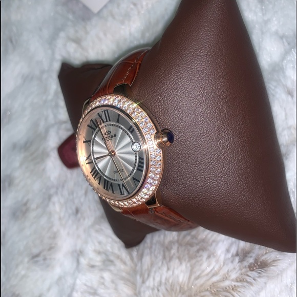 Ladies Oniss Gold Tone Brown Leather Band Silver Dial Crystals Date Watch ON3322 main image 4